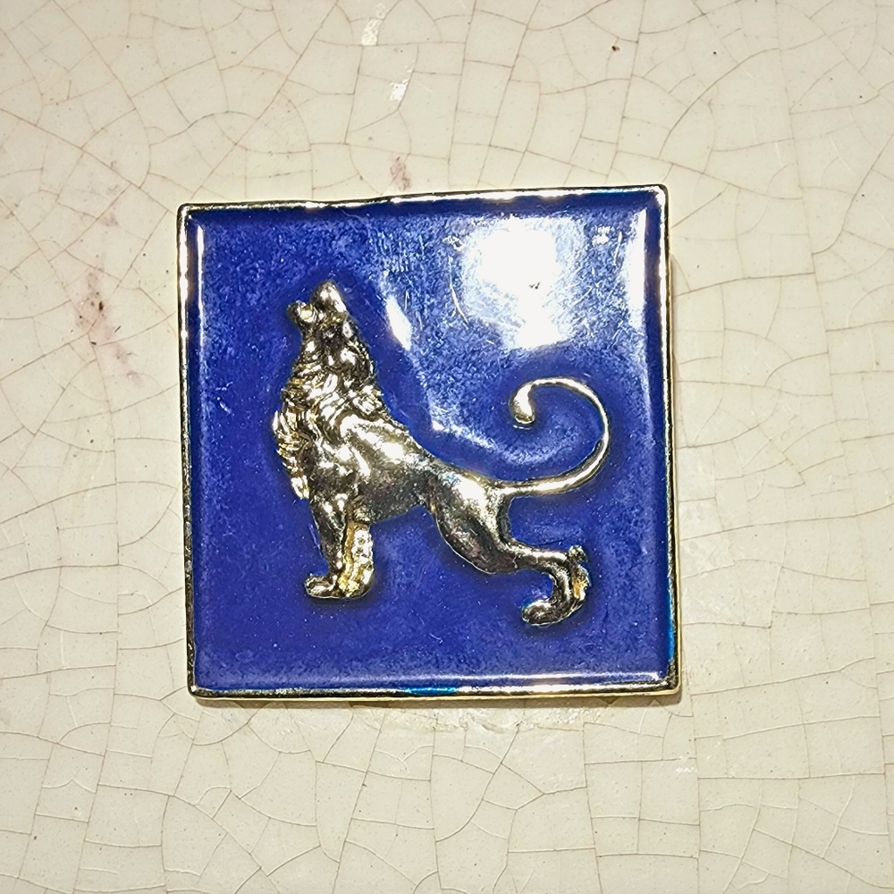 Vintage Blue and gold Leo roaring lion Zodiac sign brooch